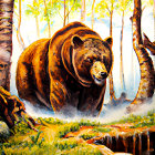 Brown bear in sunlit forest with golden leaves and small brook