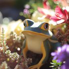 Colorful Frog Surrounded by Flowers and Foliage in Soft Sunlight