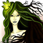 Illustration of woman with green hair merging into tree branches