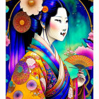 Colorful floral patterned kimono illustration with fan in detailed background