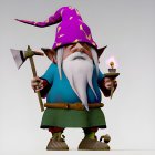 Fantasy dwarf with white beard, purple hat, lamp, and axe in teal tunic.