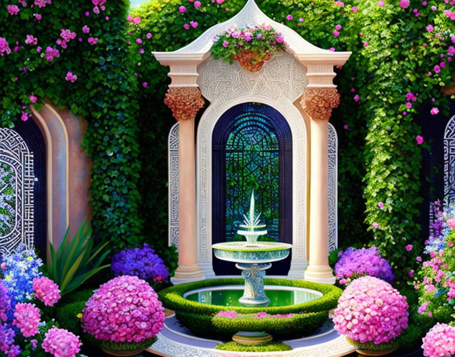 Intricate Garden Archway with Fountain, Flowers & Ivy