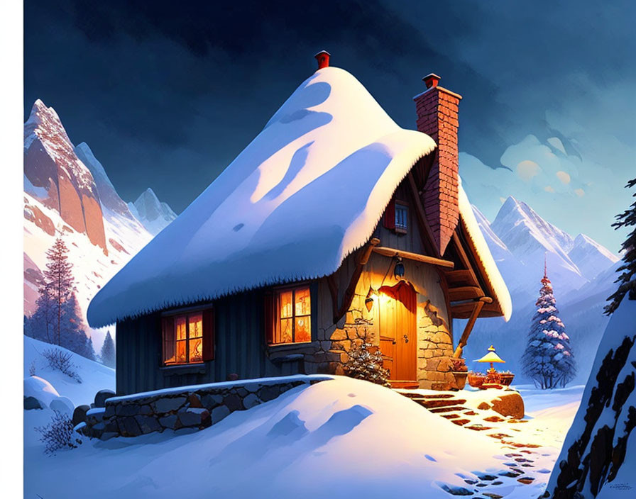 Snow-covered cottage with glowing windows in winter twilight