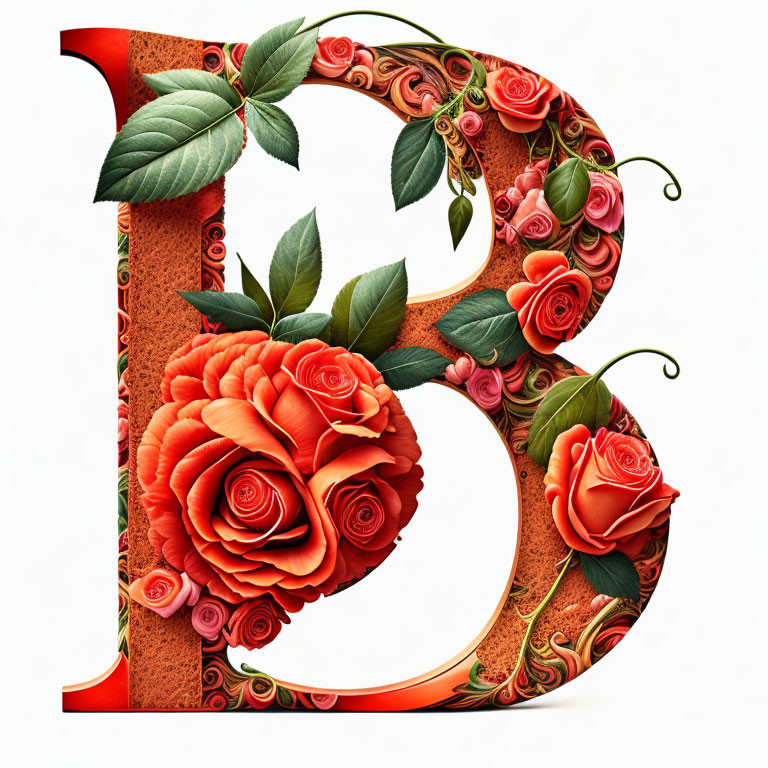 Decorative letter B with red roses, green leaves, and orange swirls on white background