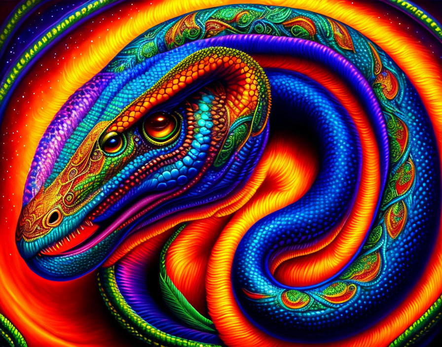 Colorful Psychedelic Snake Art Against Vivid Background