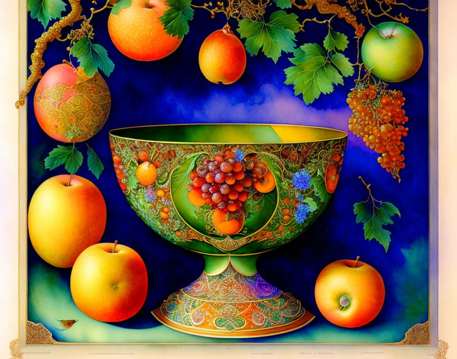 Colorful still-life painting with green bowl and fruits on blue background