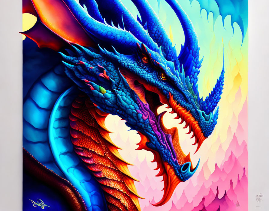 Multicolored painting of multi-headed dragon in blue, red, and orange with flames and clouds.