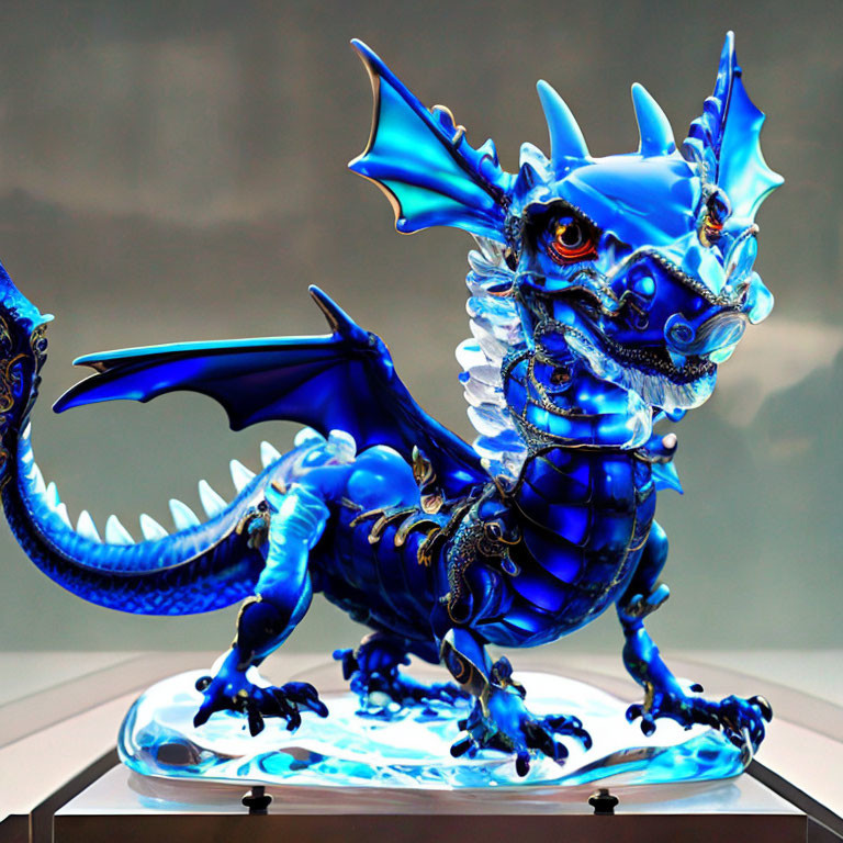 Detailed Blue Dragon Sculpture with Translucent Wings and Gold Accents