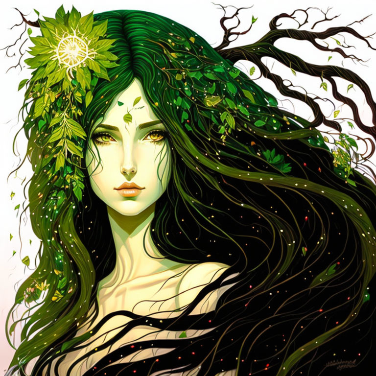 Illustration of woman with green hair merging into tree branches