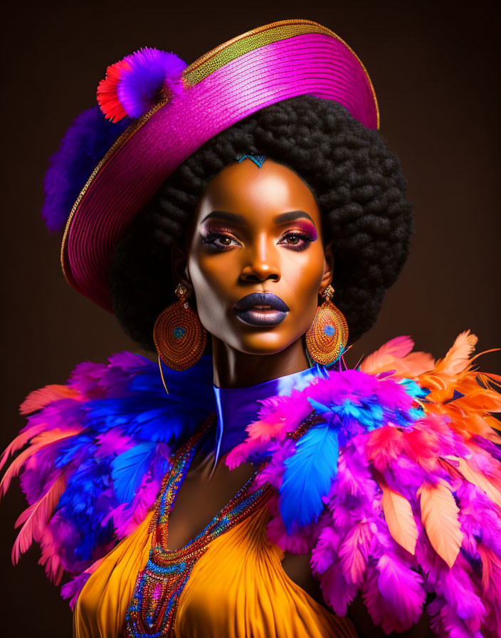 Colorful Afro Woman in Vibrant Attire and Bold Makeup