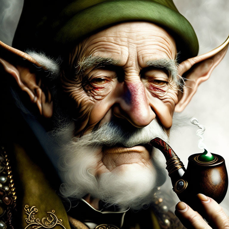 Elderly fantasy character with pointed ears smoking pipe and intricate clothing details