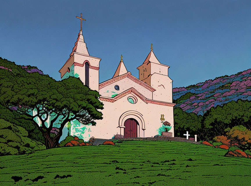 Vibrant illustration: old church with twin spires, trees, twilight sky