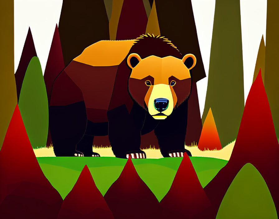 Colorful Geometric Forest Scene with Bear Illustration