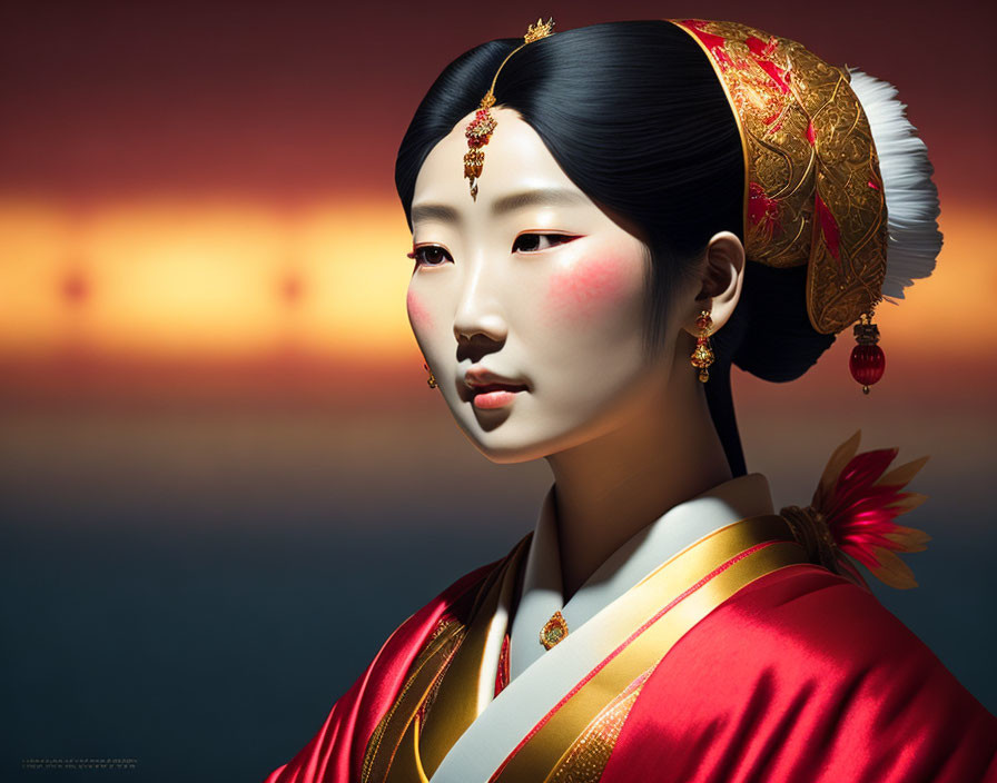 Traditional Asian Attire Woman with Headdress and Red Makeup