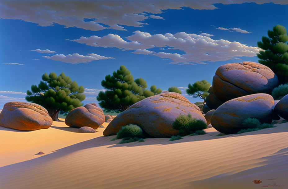 Surreal desert landscape with oversized stones and green shrubs