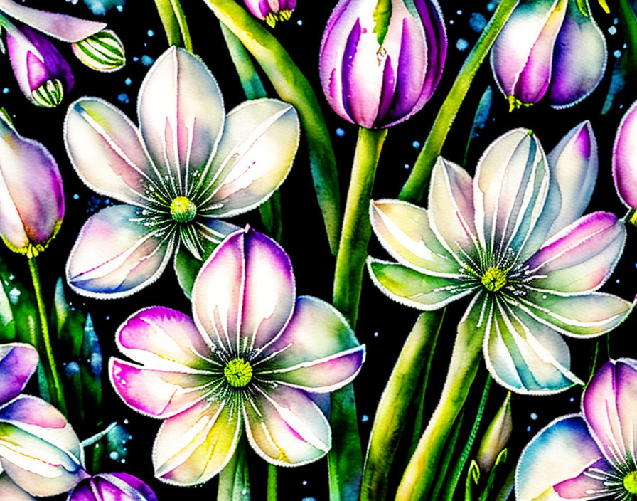 Vibrant white and pink flower illustration on starry night backdrop