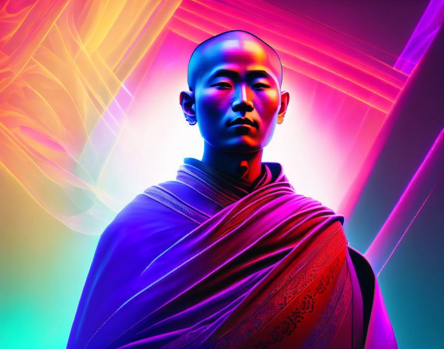 Colorful digital artwork: Buddhist monk in neon palette