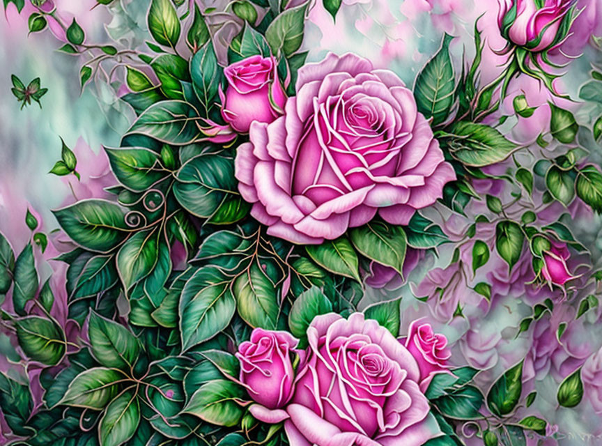 Vibrant pink roses with lush green leaves in dreamy setting