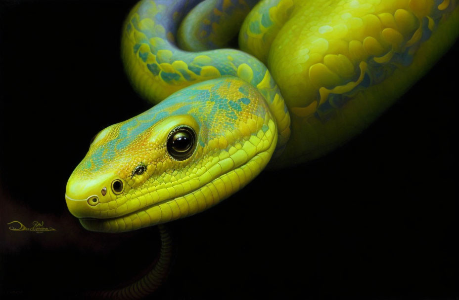 Colorful Yellow and Blue Snake Coiled on Dark Background