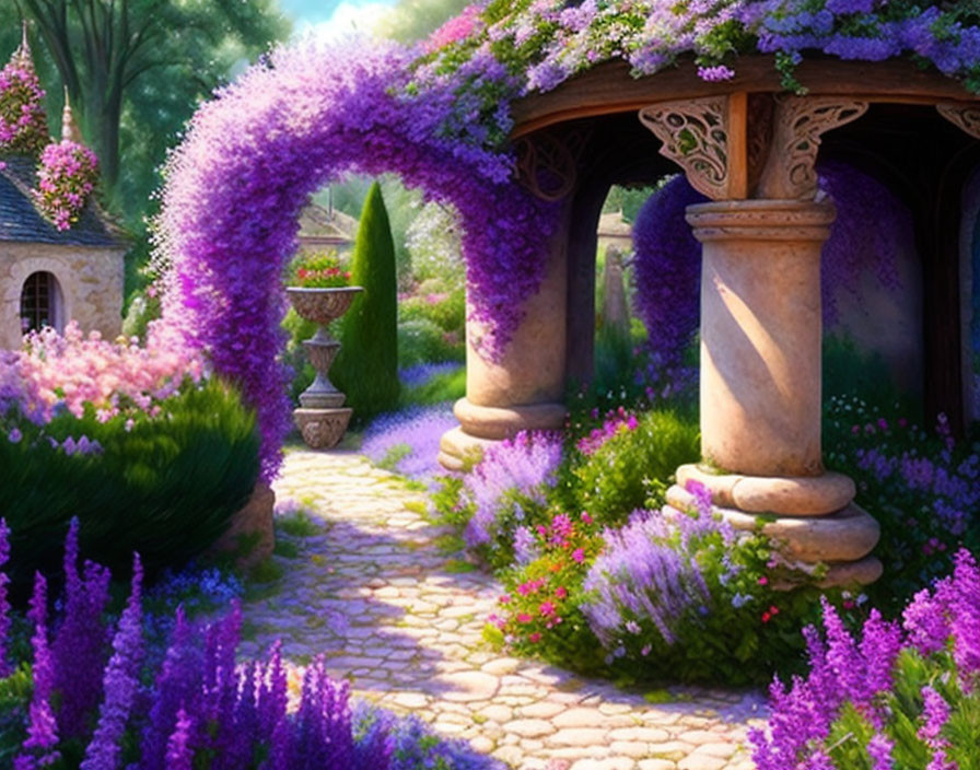 Tranquil garden path with cobblestones and purple flowers leading to classic pavilion