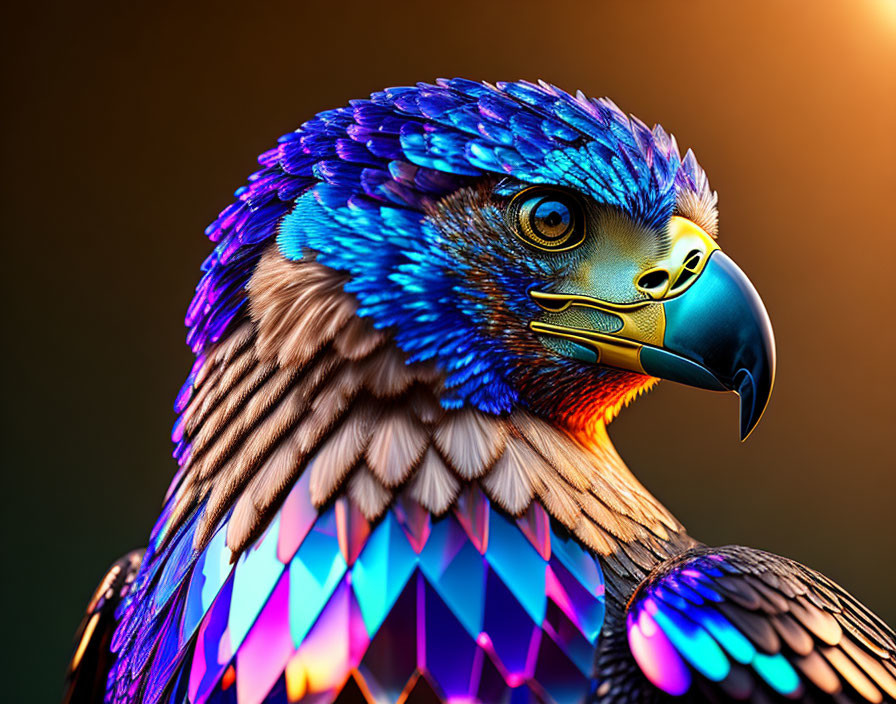 Colorful digital artwork: Eagle with iridescent blue, purple, and gold feathers on dark background