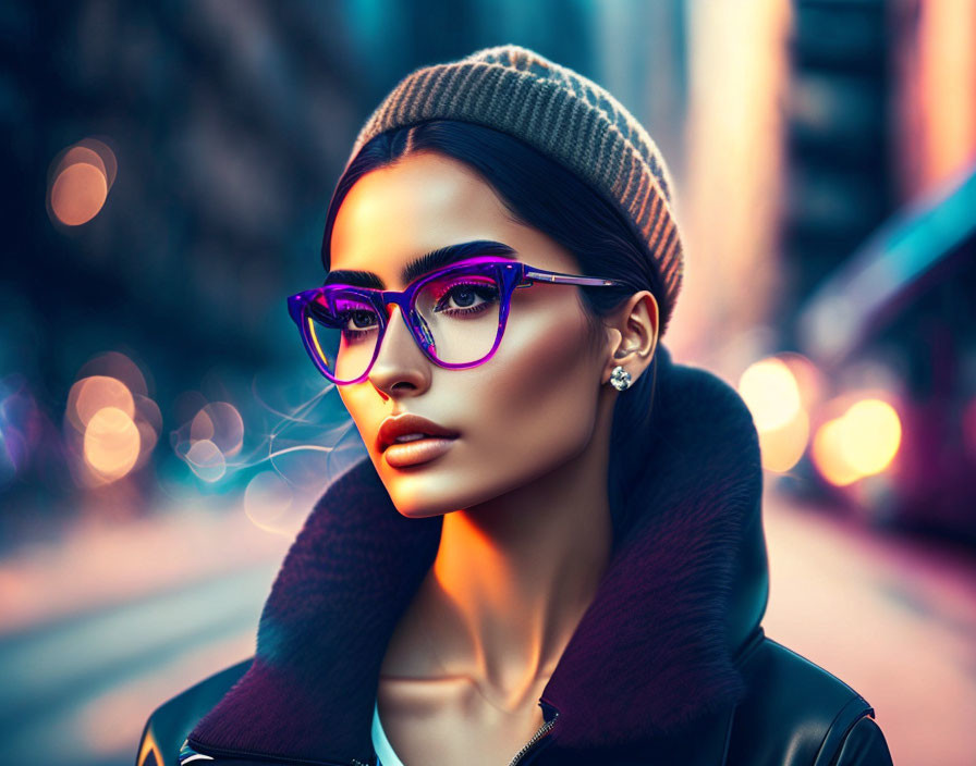 Fashionable woman in purple glasses and knit cap against city lights.