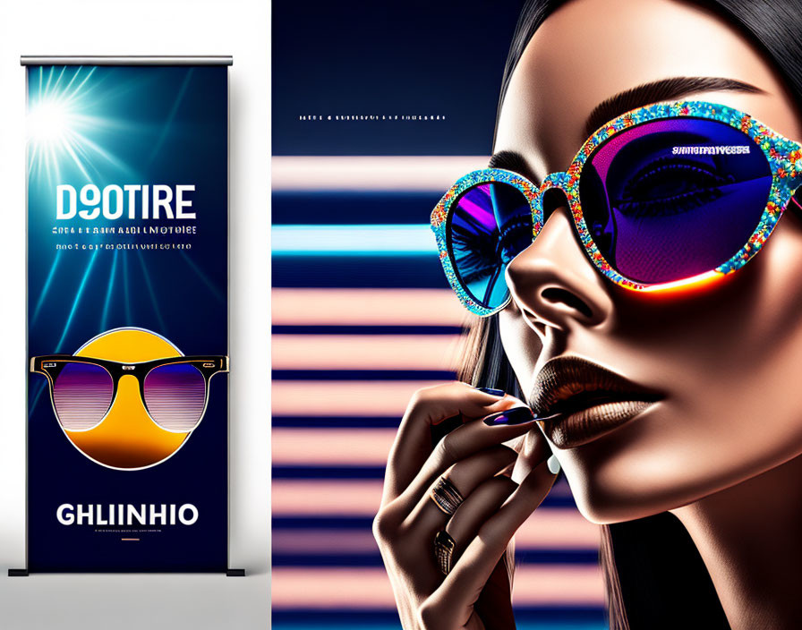 Vibrant gemstone-studded sunglasses in fashion advertisement