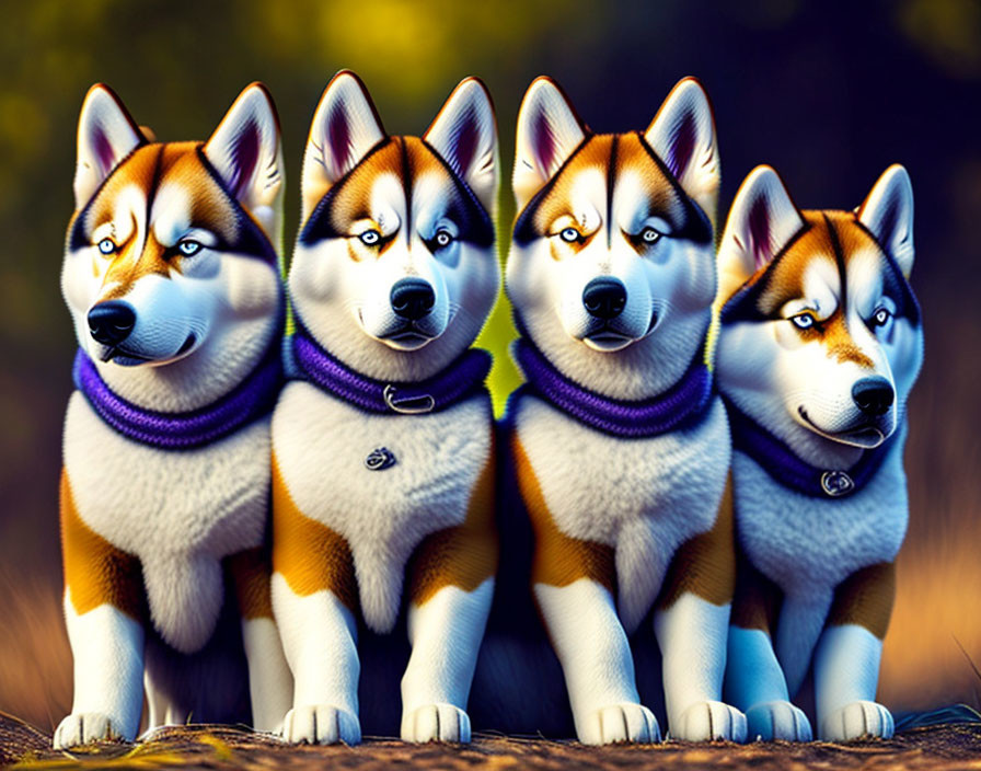 Four Siberian Huskies with Blue Eyes and Purple Scarves in Nature