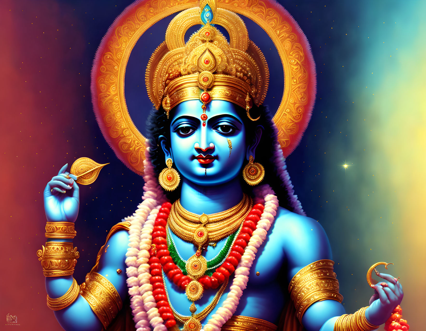 Colorful artwork of blue-skinned deity with four arms and gold jewelry