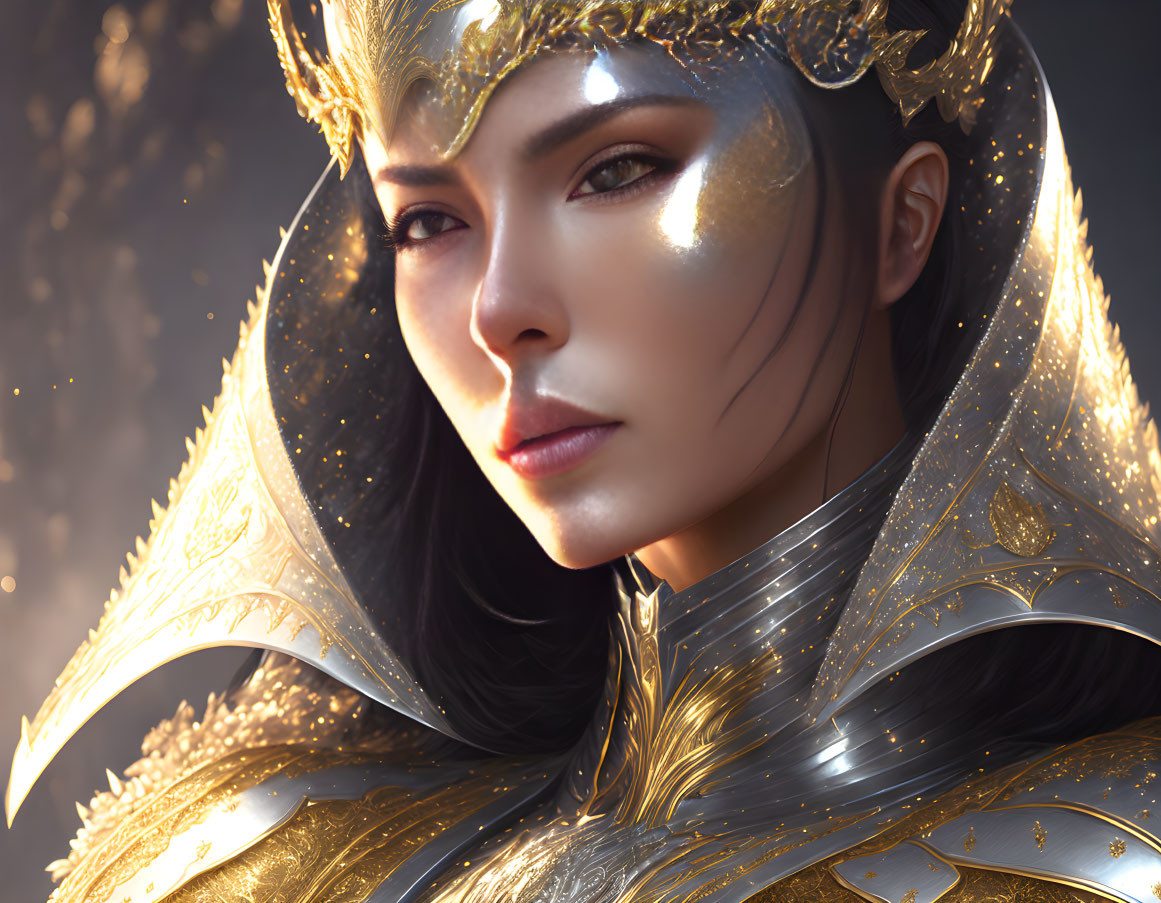 Intricate digital portrait of a woman in golden armor and regal helmet against warm background