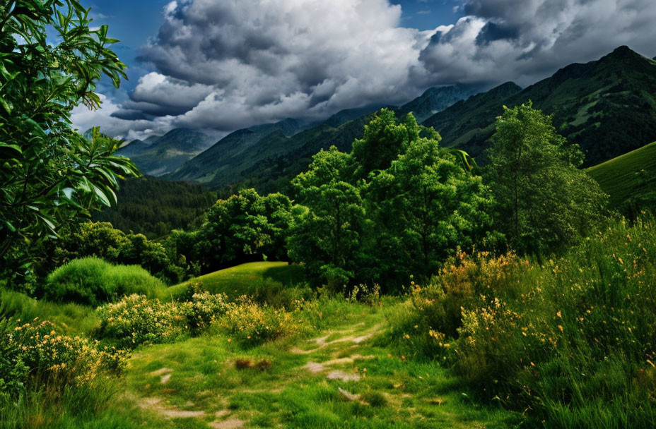 Verdant mountain landscape with meandering path and dramatic sky