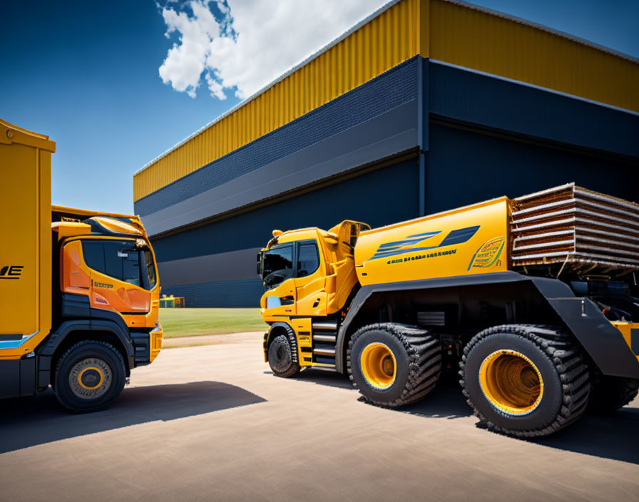 Two Large Yellow Mining Trucks Parked Outside Industrial Building