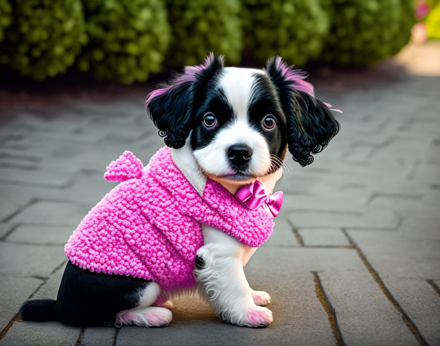 Black and White Puppy in Pink Sweater on Pavement with Green Bushes