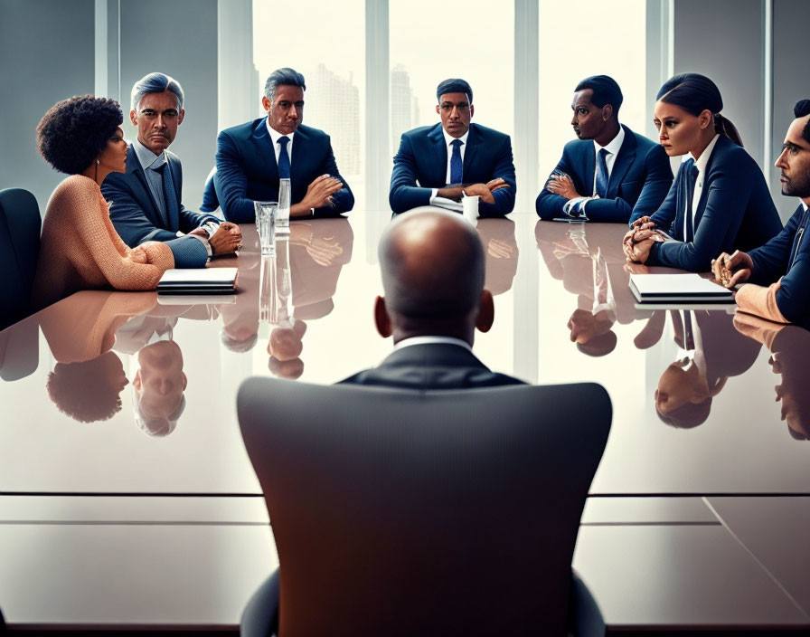 Corporate professionals in boardroom meeting with presenter and attentive colleagues.