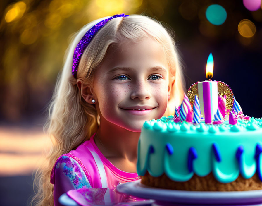 Blonde girl with headband and birthday candle on blue frosted cake