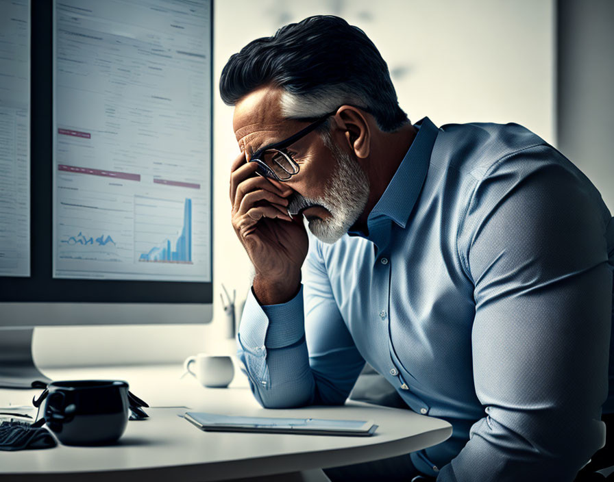 Stressed man with salt-and-pepper hair and glasses looks at graphs on computer screens