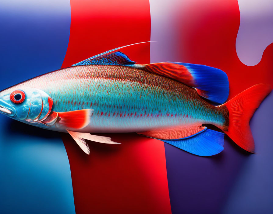 Vibrant digital fish art with blue and red fins on abstract backdrop