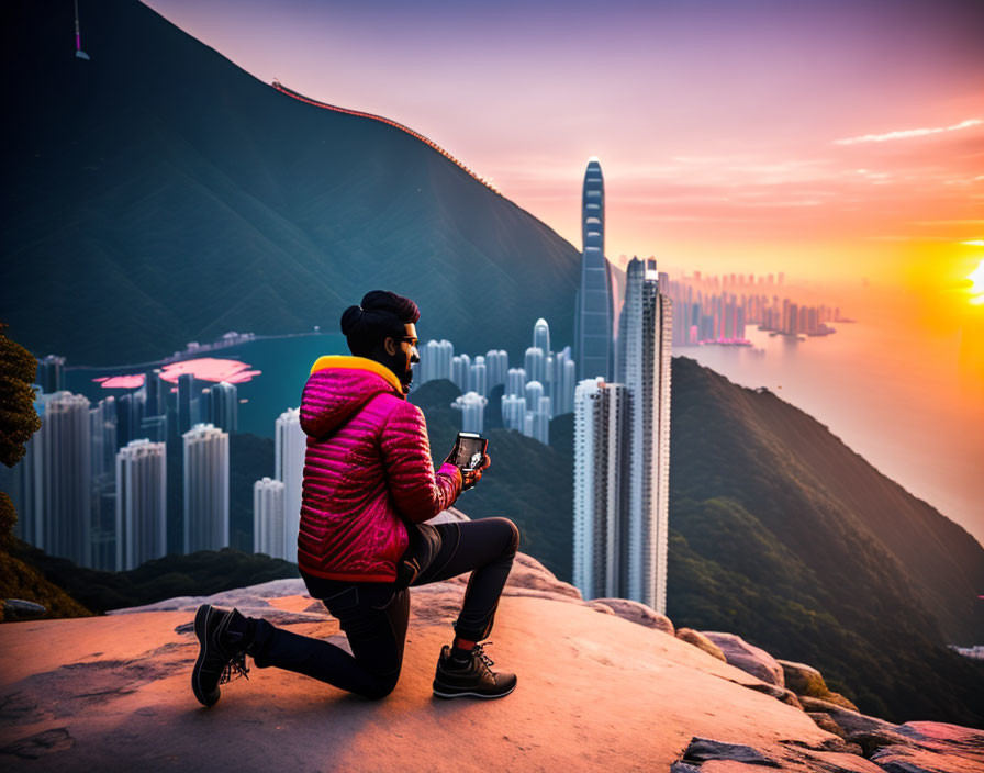 Person in red jacket overlooking city skyline at sunset with smartphone.