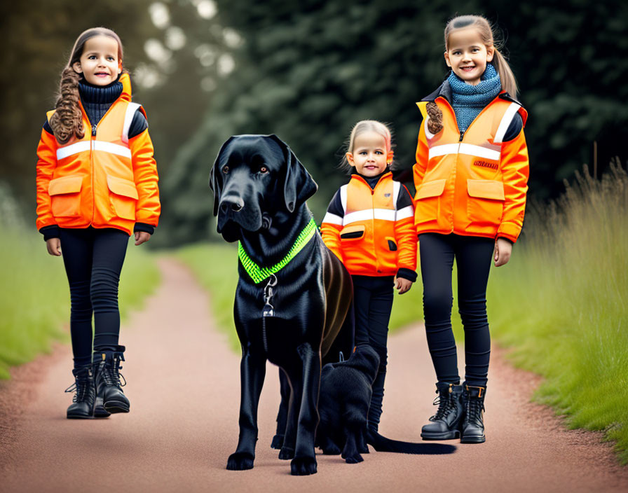 Children walking two dogs on a path in high-visibility jackets