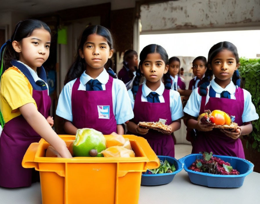 Schoolgirls in uniforms with fruits by food collection bin