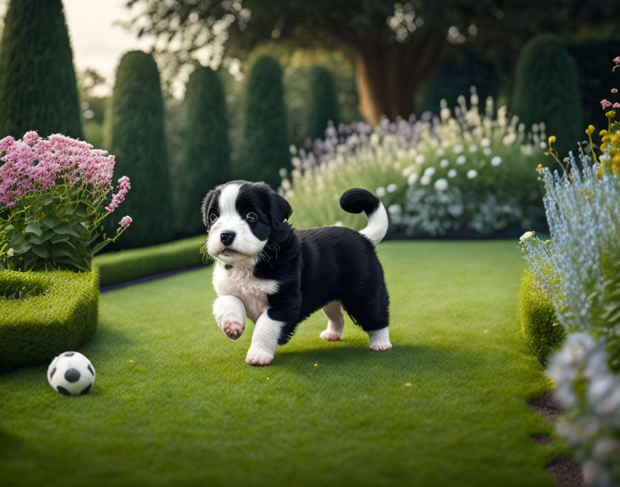 Young black and white puppy in garden at dusk with toy ball and flowers