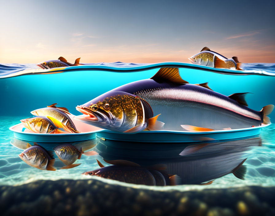 Surreal Cross-Section of Fish Swimming Above and Below Water