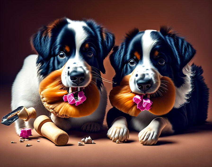 Two Bernese Mountain Dog puppies with bow ties and a judge's gavel in a scene of mischief