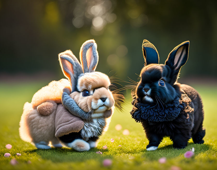 Plush Toy Rabbits on Grass with Flowers in Warm Sunlight