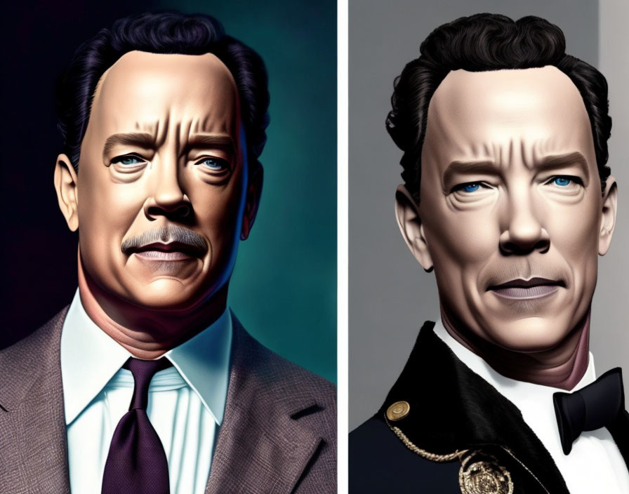 Illustrated portraits of a man in suit and military uniform