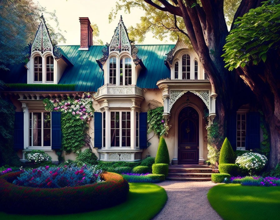 Victorian house with blue peaked roofs and lush gardens