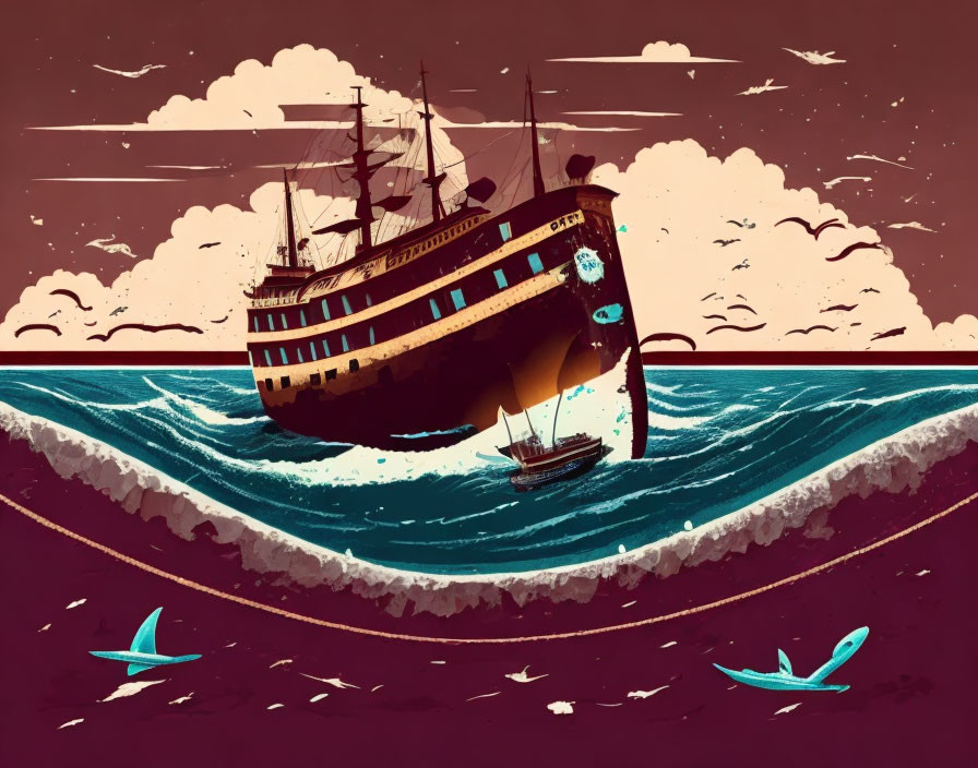 Detailed illustration: Large ship in whirlpool with small boats and sharks under orange sky