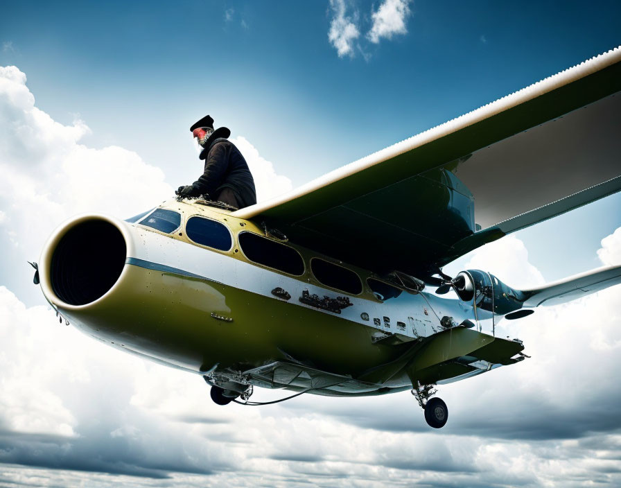 Pilot sitting on nose of small aircraft in cloudy skies