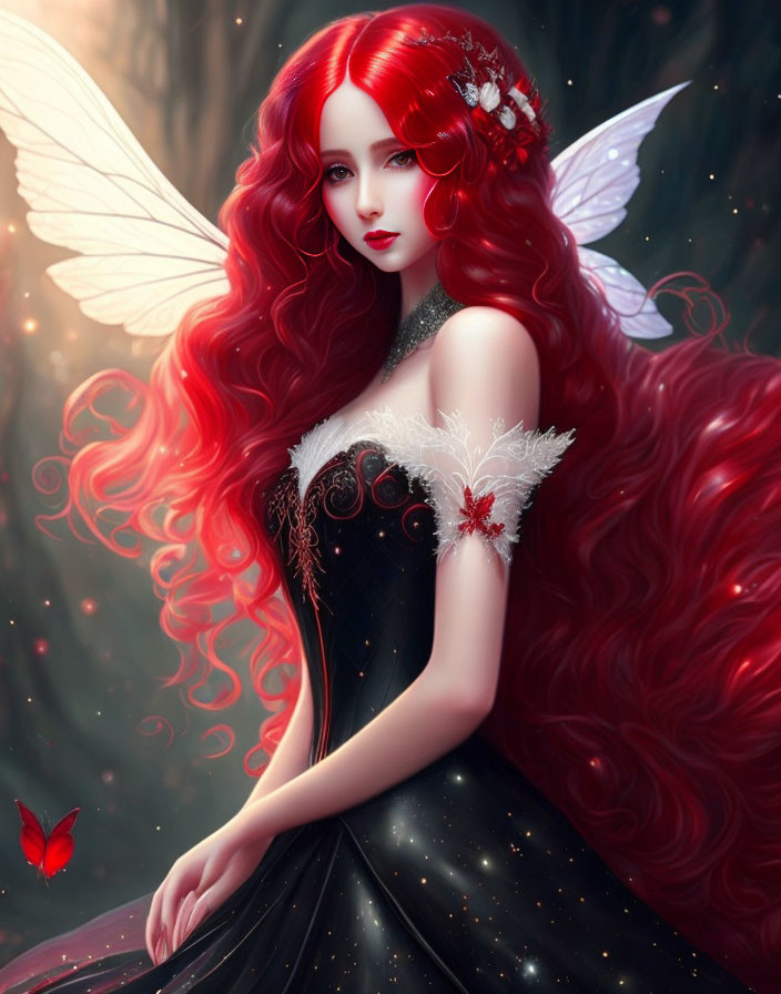 Digital Artwork: Woman with Red Hair and Wings in Mystical Forest