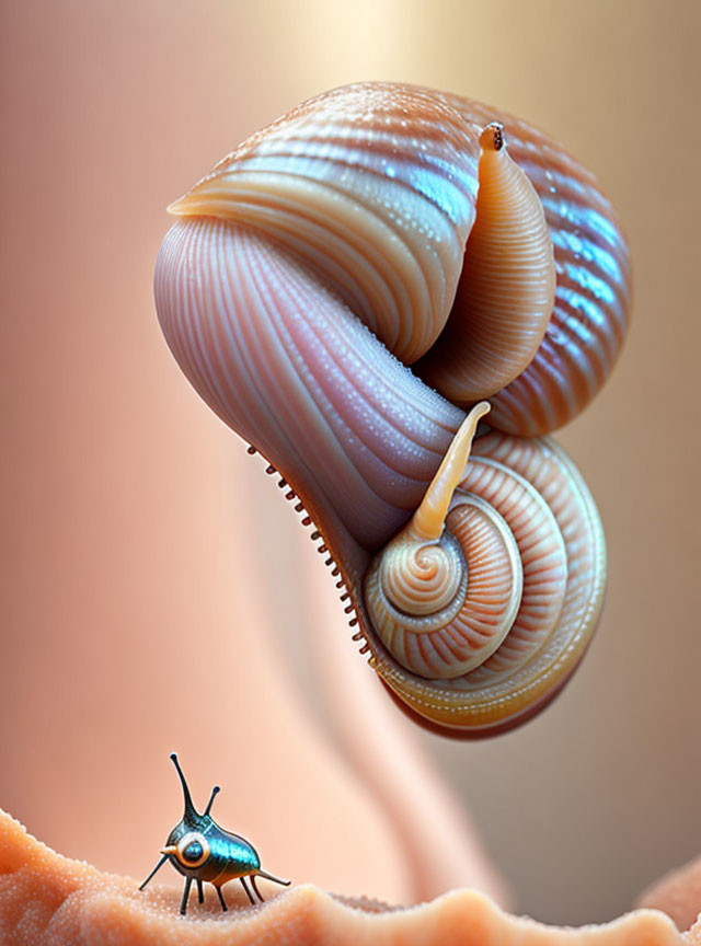 Digitally manipulated image of snail with oversized, iridescent shell and stylized insect with blue